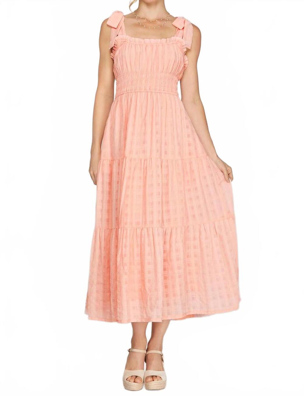 NEW SHE + SKY textured woven midi tiered dress in light pink